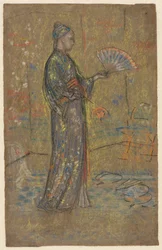 Japanische Frau malt einen Fächer (recto), Stehende Frau hält ihr Kleid hoch (verso), ca. 1872