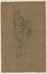 Stehende Frau, die ihr Kleid hochhält, ca. 1872