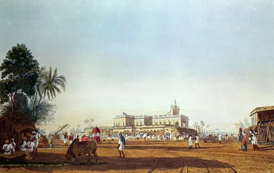 Lall Bazaar und die portugiesische Kapelle, Kalkutta, graviert von Robert Havell, veröffentlicht 1824