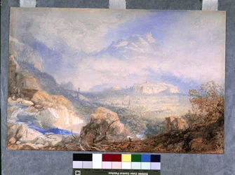 Tal der Rhone mit der Stadt und Zitadelle von Sion, in der Schweiz
