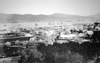 Lambton Harbour und Queens Wharf, Wellington, Neuseeland, 1870