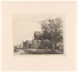 Landschaft mit drei giebelständigen Häusern an einer Straße