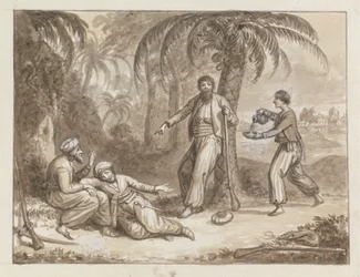 Ein Diener bringt Wasser zu drei Jägern