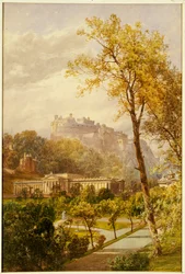 Blick auf die Princes Street Gardens und die National Gallery in Edinburgh nach Westen zum Schloss, 1855