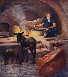 Inneres eines Fellahheen-Hauses, früher Morgen im Winter