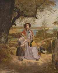 Mutter und Kind an einem Gatter, mit Culver Cliff, Isle of Wight, in der Ferne