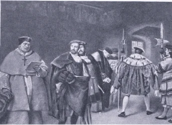 Entlassung von Kardinal Wolsey durch König Heinrich VIII, aus Cassells Geschichte des britischen Volkes, veröffentlicht von der Waverley Book Company, ca. 1950er Jahre
