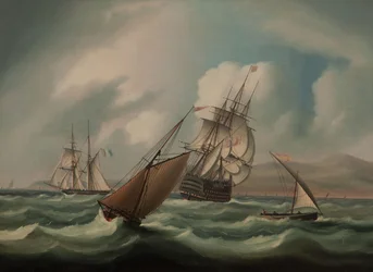 Erstrangiges Schiff und andere Schiffe vor der spanischen Küste