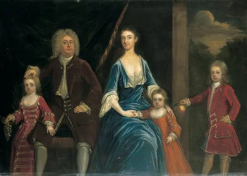 Gruppenporträt von Henry, 5. Lord Arundell von Wardour und seiner Frau Elizabeth, zusammen mit ihren Kindern, in einem Innenraum, eine Landschaft im Hintergrund