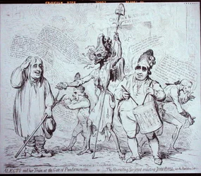 Alecto und ihr Gefolge am Tor von Pandemonium, oder Der Rekrutierungssergeant, der John Bull in den Revolutionsdienst einzieht, veröffentlicht von S.W. Fores im Jahr 1791