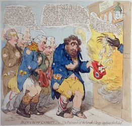 Blau und Buff Charity, oder Der Patriarch des griechischen Klerus bittet um Hilfe, veröffentlicht von Hannah Humphrey im Jahr 1793 (handkolorierte Radierung)