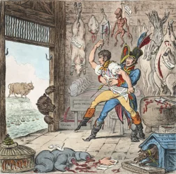 Boney und Talley, Die korsischen Kadaver-Metzger Abrechnungstag - Kein Vierteltag!, veröffentlicht 1803 (handkolorierte Gravur)
