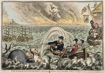 Britische Matrosen schleppen die dänische Flotte in den Hafen, oder der Broadbottom Leviathan versucht Billys altes Boot zu versenken, und der kleine Korsikaner schwankt auf den Wolken des Ehrgeizes, 1807