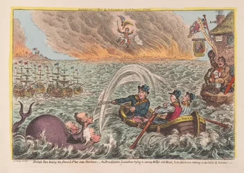 Britische Matrosen schleppen die dänische Flotte in den Hafen: der breite Leviathan versucht Billys altes Boot zu versenken, & der kleine Korsikaner schwankt auf den Wolken des Ehrgeizes