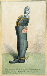 Karikatur, die Colonel Justly Watson mit einem Stiefelkörper darstellt, veröffentlicht von Hannah Humphrey, 1797