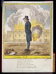 Berater O.P., Verteidiger unserer Theaterfreiheiten, zeigt das Brennen des Covent Garden Theaters, veröffentlicht von Hannah Humphrey, 1809