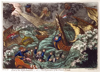 Ende der irischen Invasion - oder - Die Zerstörung der französischen Armada, James Gillray 1797. Französische Schiffe im Sturm zerstört, gesprengt von Pitt, oben links und seinen Ministern. Charles James Fox und seine Oppositionsverbündeten in Gefahr zu er
