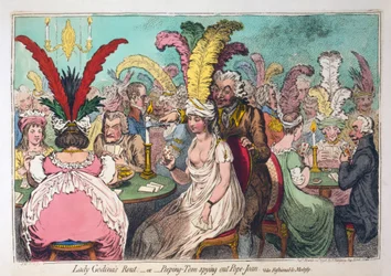 Lady Godinas Empfang oder Peeping Tom beobachtet Pope Joan, veröffentlicht 1796 (handkolorierte Gravur)