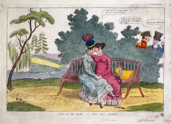 Lady Strachan und Lady Warwick machen Liebe in einem Park, während ihre Ehemänner missbilligend zusehen.