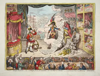 Pazifische Overtüren, - oder- ein Flug von St. Clouds- über das Wasser nach Charlet. - ein neues dramatisches Friedensstück, jetzt in Probe, veröffentlicht 1806 (handkolorierte Gravur)