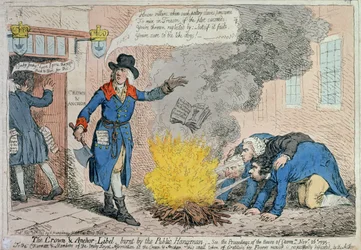 Die Crown und Anchor Verleumdung verbrannt vom öffentlichen Henker, veröffentlicht von Hannah Humphrey 1795