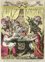 Das französische Konsulartriumvirat regelt die neue Verfassung mit einem Blick auf die Verfassungstaubenlöcher von Abbe Sieyes im Hintergrund, veröffentlicht von Hannah Humphrey im Jahr 1800