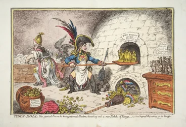 Tiddy-Doll, der große französische Lebkuchenbäcker, zieht eine neue Charge Könige. - sein Mann Hopping Talley, mischt den Teig, veröffentlicht 1806 (handkolorierte Gravur)