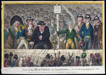 Ansicht der Wahltribüne in Covent Garden, veröffentlicht von Hannah Humphrey im Jahr 1806