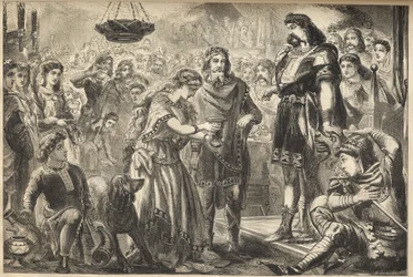Vortigern (Gwrtheyrn) (5. Jahrhundert), König der Bretonen, und Rowena - Rowena, Tochter Hengists, bietet Vortigern, dem Stammeskönig der Briten, Wein an - Vortigern, König von Britannien, beim Bankett des sächsischen Heerführers Hengist in Rowena verliebt
