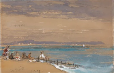 Strandszene mit Figuren an einer Buhne