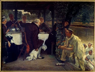 Die Rückkehr des verlorenen Sohnes: das gemästete Kalb Moderne Adaption des Gleichnisses vom verlorenen Kind, das zu seinem reuigen Vater zurückkehrt. Gemälde von Jacques Joseph Tissot (1836-1902) 1880 Nantes, Musée des Beaux