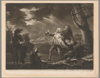 David Garrick als König Lear mit dem Grafen von Kent und Edgar als Tom verkleidet in einer stürmischen Landschaft