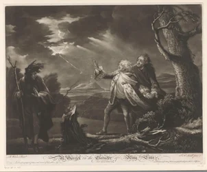 David Garrick als König Lear mit dem Grafen von Kent und Edgar verkleidet als Tom in einer stürmischen Landschaft