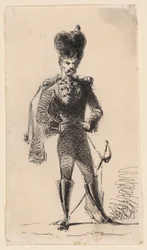Husar (recto) Mann mit Zylinder und verbundenem Kopf (verso)
