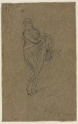 Stehende Frau, die ihr Kleid hochhält (Rückseite)