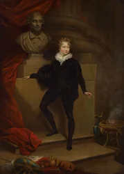 Meister Betty als Hamlet, vor einer Büste von Shakespeare