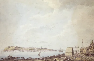 Ansicht von der Stadt Quebec, der Hauptstadt Kanadas, vom Fährhaus auf der gegenüberliegenden Seite des Flusses, 3. Oktober 1784