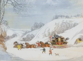 Eine Postkutsche im tiefen Schnee, gestochen von George Hunt