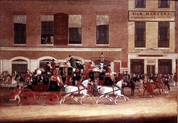 Royal Mail Kutschen verlassen das Angel Inn