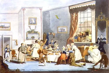 Postkutschenpassagiere beim Frühstück (Gravur)