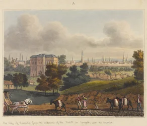Die Stadt Brüssel, vom Eingang zum Wald von Soignes, mit der Barriere, 1815, aus 
