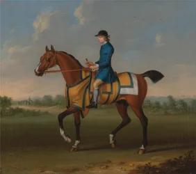Ein Rennpferd in der Bucht mit Jockey