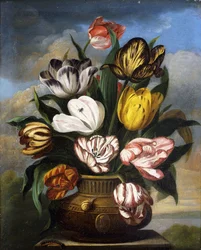 Tulpen in einer Vase, mit einer Raupe, einer Schnecke und einer Fliege, auf einem Sockel in einer Landschaft, 1826
