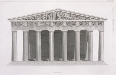 Vorderansicht eines klassischen Gebäudes, Band II, Kapitel I, Tafel III, aus "The Antiquities of Athens" von James Stuart