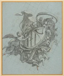 Ein Wappen mit einem Horn und drei Ketten, gehalten von einem Engel und zwei Putti