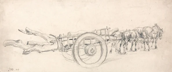 Ein Holzfuhrwerk, beladen mit Baumstämmen, gezogen von einem Pferdepaar und einem Ochsenpaar
