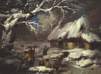 Figuren sammeln Reisig in einer Winterlandschaft