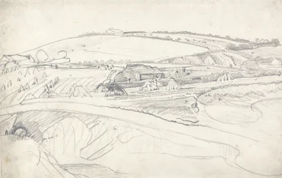 Landschaft mit Bauernhof und Getreidegarben
