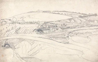 Landschaft mit einem Bauernhof und Maisstängeln