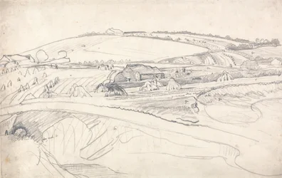 Landschaft mit einem Bauernhof und Maisstängeln